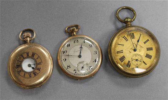 Three gold plated pocket watches, one dial engraved with a ship